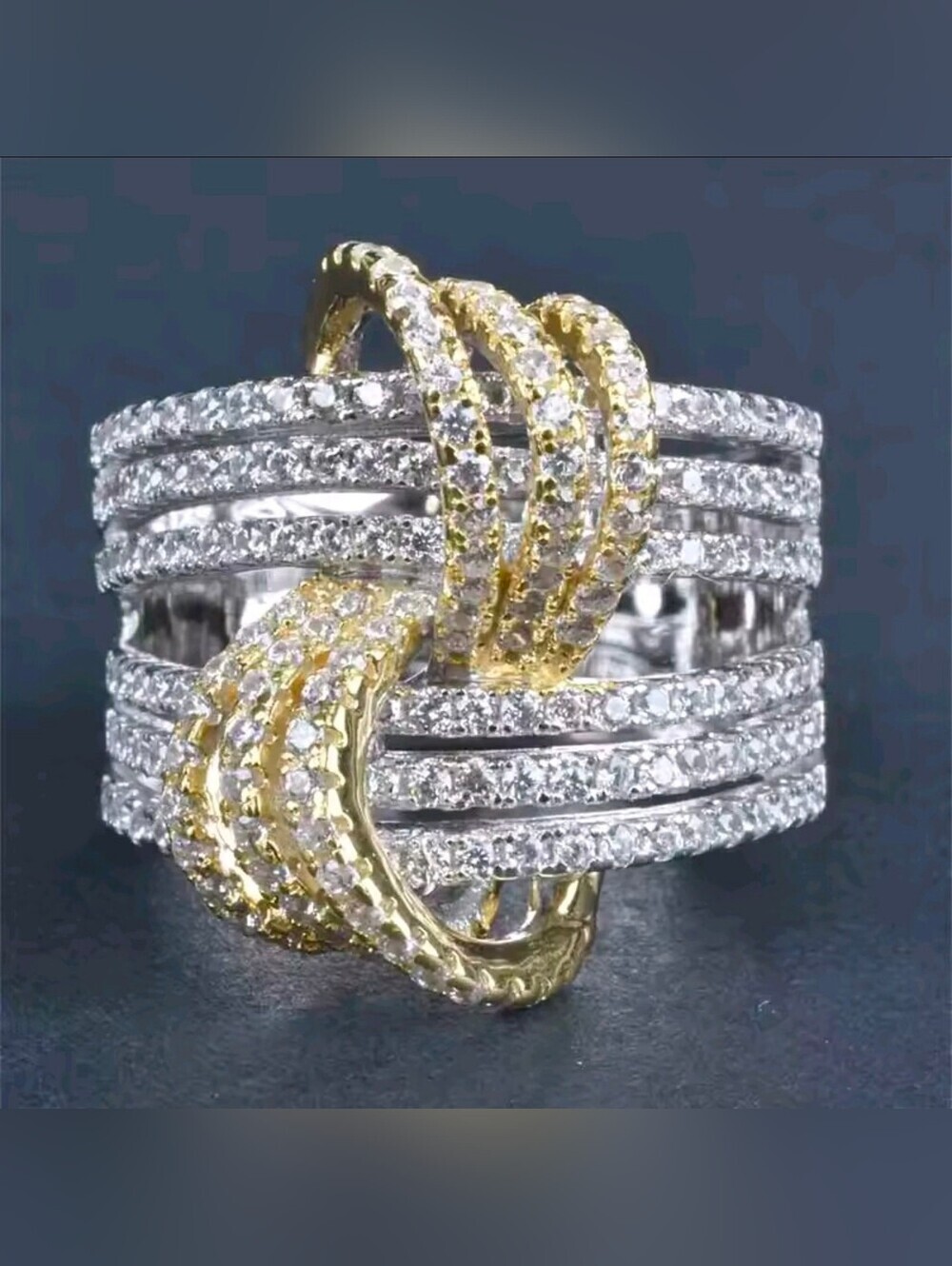 Two-Tone Gold and Silver Knot Ring with Crystals